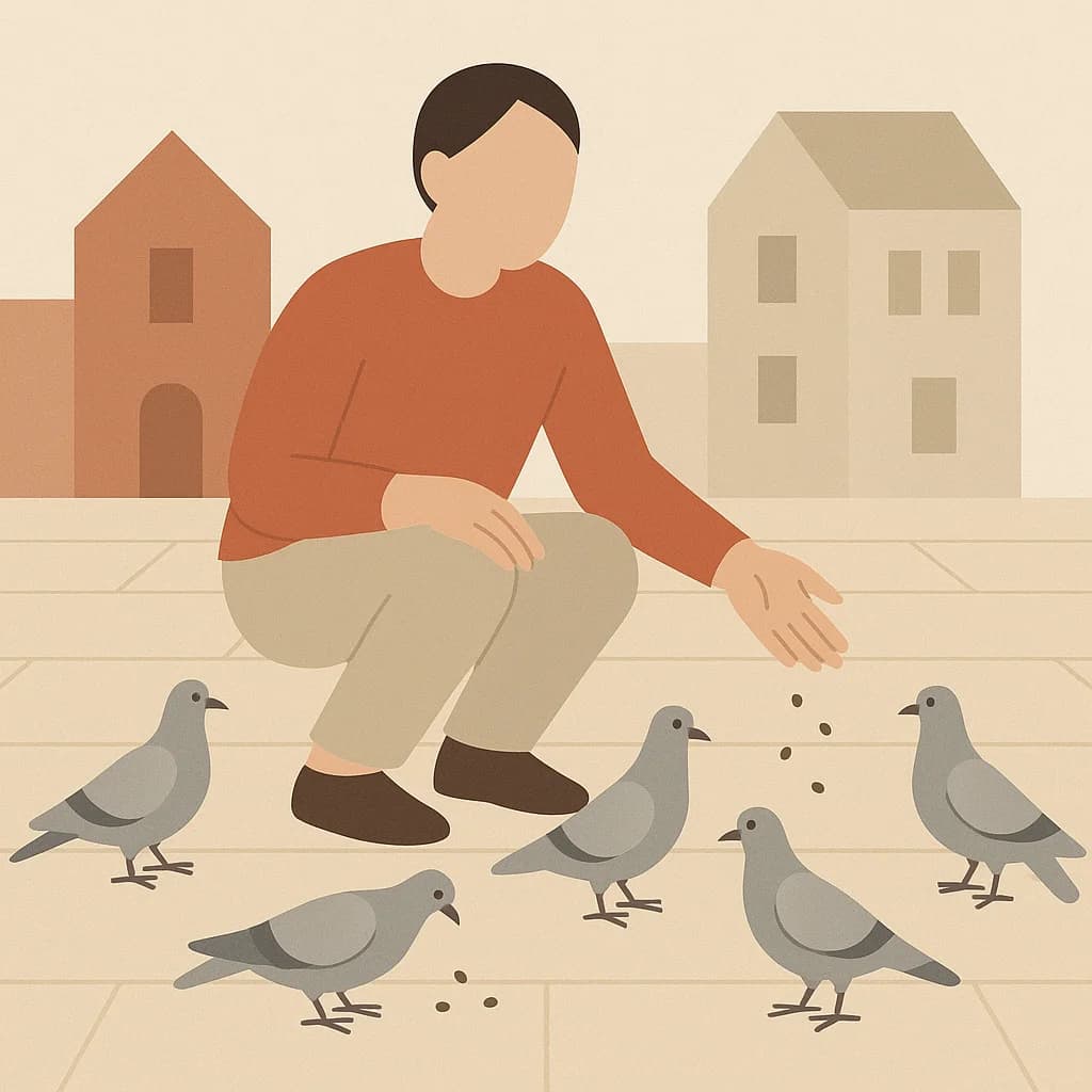 Person feeding pigeons flat design