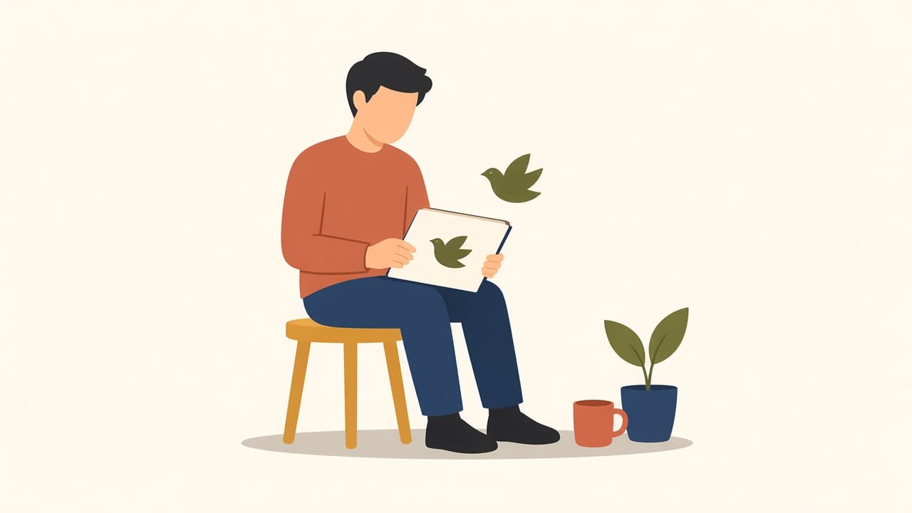 A person on a stool holding a sketchbook while the bird drawn on it flies off the page