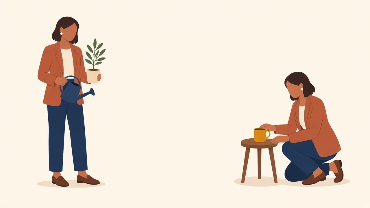 Same woman in a terracotta blazer, holding a plant and kneeling by a mug