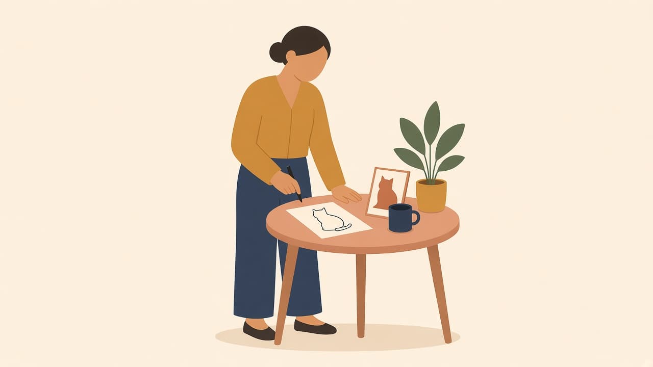 A person leaning over a table to draw a one-line cat from a photo, with a plant and a mug
